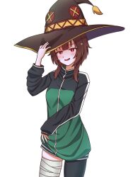  1girl asymmetrical_legwear bandaged_leg bandages black_jacket black_thighhighs blush brown_hair commentary cosplay cowboy_shot green_jacket hand_on_own_hat hand_up hat highres jacket kono_subarashii_sekai_ni_shukufuku_wo! long_sleeves looking_at_viewer medium_hair megumin multicolored_jacket nyunyuru open_mouth red_eyes satou_kazuma satou_kazuma_(cosplay) simple_background single_thighhigh solo thigh-highs track_jacket two-tone_jacket white_background witch_hat zettai_ryouiki 