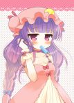  1girl adapted_costume adjusting_hair blush braid crescent_hair_ornament food_in_mouth hair_ornament long_hair low-tied_long_hair marshmallow_mille mob_cap patchouli_knowledge polka_dot polka_dot_background popsicle purple_hair touhou twin_braids violet_eyes 