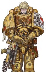  1boy absurdres adeptus_astartes armor blonde_hair bolter chainsaw closed_eyes closed_mouth commentary crying feet_out_of_frame gun helmet highres lamenters_(warhammer_40k) male_focus mossacannibalis power_armor short_hair simple_background solo untranslatable_commentary unworn_headwear unworn_helmet warhammer_40k weapon white_background yellow_armor 