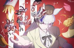  6+girls agnes_tachyon_(umamusume) ahoge animal_ears apron black_bow black_hair black_pants blunt_bangs blunt_ends bow breasts brown_eyes brown_hair buena_vista_(umamusume) checkered_hairband checkered_ribbon chicken_(food) closed_mouth collared_shirt colonel_sanders colonel_sanders_(cosplay) cosplay dantsu_flame_(umamusume) dress ear_covers ear_tag earrings employee_uniform fast_food fast_food_uniform food french_fries fried_chicken frilled_hairband frills hair_between_eyes hair_ornament hairband highres horse_ears horse_girl horse_tail jacket jewelry kfc large_breasts long_hair long_hair_between_eyes long_sleeves lucky_lilac_(umamusume) manhattan_cafe_(umamusume) medium_breasts medium_hair multicolored_hair multiple_girls open_mouth pants pantyhose pink_hairband red_apron red_desire_(umamusume) red_dress red_eyes red_hair red_hairband red_headdress red_veil red_vest rika-kiyoshi shirt shoes side_ponytail single_earring small_breasts smile stay_gold_(umamusume) tail thigh-highs umamusume veil vest violet_eyes white_apron white_hair white_jacket white_pantyhose white_shirt white_thighhighs white_wrist_cuffs wrist_cuffs yellow_eyes 