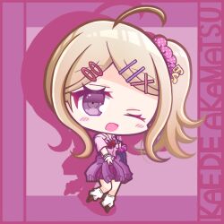 1girl akamatsu_kaede alternate_costume alternate_hairstyle blonde_hair blush border bow breast_pocket brown_shoes character_name chibi chibi_only clothes_around_waist collared_shirt commentary_request danganronpa_(series) danganronpa_v3:_killing_harmony drop_shadow eyelashes full_body hair_ornament hair_scrunchie hairclip long_hair loose_socks misa_(usaginosakura) multiple_hairclips musical_note musical_note_hair_ornament one_eye_closed open_mouth pink_scrunchie pink_shirt pocket polka_dot polka_dot_scrunchie purple_background purple_border purple_skirt red_bow scrunchie shirt shoes side_ponytail skirt smile socks solo violet_eyes white_socks 