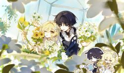  1boy 1girl absurdres alternate_hairstyle apron bishounen black_apron black_hair black_shirt blonde_hair blue_scarf blue_sky blunt_ends bouquet braid brown_shorts clear_sky closed_eyes collared_shirt commentary curled_ends daisy_(flower) eyelashes eyeliner facing_another flower genshin_impact greenhouse grey_shirt hair_flower hair_intakes hair_ornament half_up_half_down_braid heads_together high-waist_skirt highres holding holding_bouquet holding_flower holding_watering_can huhu_norii indoors layered_shirt leaf_hair_ornament light_blush long_skirt looking_at_another low_twintails lumine_(genshin_impact) makeup no_mouth notice_lines one_eye_closed open_mouth outline partially_unbuttoned red_eyeliner scaramouche_(genshin_impact) scarf shirt short_hair short_twintails shorts sideways_glance skirt sky sleeveless sleeveless_shirt sunflower three-quarter_sleeves tsurime turtleneck turtleneck_shirt twintails twitter_username untranslatable_commentary violet_eyes watering watering_can white_flower white_outline white_shirt white_skirt white_sleeves wispy_bangs wolf_cut wrist_scarf yellow_eyes yellow_flower 