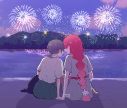  2girls absurdres black_hair braid city commentary dress dusk english_commentary fireworks from_behind green_skirt grey_dress highres holding_hands kimbeanie lara_(sayonara_lara) long_hair mountainous_horizon multiple_girls ootsu_mari outdoors parted_lips ponytail red_hair river sayonara_lara shirt short_ponytail single_braid sitting skirt white_shirt yuri 