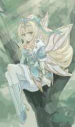  blonde_hair boots bow commentary_request dress drill_hair drill_ponytail elbow_gloves fairy fairy_wings fur_trim gem genshin_impact gloves gold_trim green_bow green_dress green_eyes green_gem hair_intakes happy_brainchan high_heel_boots high_heels in_tree long_hair long_sleeves looking_at_viewer multicolored_wings nature pantyhose ponytail sitting sitting_in_tree smile tree very_long_hair vesna_(genshin_impact) white_pantyhose wings 