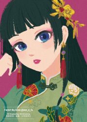  1girl ann_e7s black_hair blue_eyes chinese_clothes commentary dress earrings floral_print floral_print_dress green_dress jewelry kusuriya_no_hitorigoto lipstick long_hair looking_at_viewer makeup maomao_(kusuriya_no_hitorigoto) parted_lips pink_lips print_dress qipao solo upper_body 