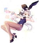  1girl animal_ears armpits bowtie bunnysuit cherrypin detached_collar elsword eve_(elsword) facial_mark fake_animal_ears fishnet_pantyhose fishnets hair_ribbon hairband high_heels long_hair looking_at_viewer lying pantyhose pointy_ears rabbit_ears ribbon side_ponytail silver_hair simple_background small_breasts solo sparkle very_long_hair white_background white_hair wrist_cuffs yellow_eyes 