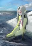  attall beach blue_submarine_no_6 highres long_hair monster_girl mutio pointy_ears red_eyes solo water yellow_skin 