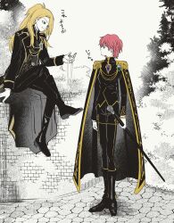  absurdres asako_(itiba) bead_necklace beads black_boots black_cape black_eyeliner black_nails black_pants boots bracelet brooch cape deidara_(naruto) eyeliner gold_bracelet gold_trim grin highres holding holding_jewelry holding_necklace holding_staff jewelry knight long_hair looking_at_another makeup male_focus monochrome_background naruto_(series) naruto_shippuuden necklace official_alternate_costume pants red_eyes red_hair red_skirt sasori_(naruto) short_hair sitting skirt smile staff stone_wall tassel tree 