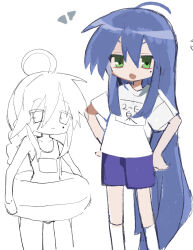  1girl :3 ahoge alternate_costume blue_hair blue_shorts braid commentary green_eyes gym_uniform hands_on_own_hips highres izumi_konata lucky_star mole mole_under_eye multiple_views one-piece_swimsuit pool_float shirt shorts single_braid sketch slept_sui swimsuit t-shirt white_shirt 