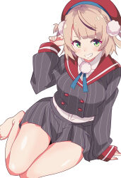  1girl :d absurdres barefoot beret blonde_hair blue_ribbon blunt_bangs buttons collared_shirt commentary_request double-breasted dress_shirt green_eyes grey_jacket grey_skirt grin hair_ornament hair_rings hand_up hat highres indie_virtual_youtuber irodori_drawpic jacket long_sleeves looking_at_viewer miniskirt neck_ribbon pinstripe_jacket pinstripe_pattern pinstripe_skirt pleated_skirt pom_pom_(clothes) pom_pom_hair_ornament red_hat red_sailor_collar ribbon sailor_collar school_uniform shigure_ui_(1st_costume)_(vtuber) shigure_ui_(vtuber) shirt short_hair side_up_ring sitting skirt sleeve_cuffs smile solo toes virtual_youtuber white_shirt 