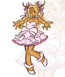  1girl absurdres alien_stage animal_ears ankle_scrunchie antlers bare_shoulders black_eyes bow colored_eyelashes commentary cosplay deer_antlers deer_ears deer_girl deltarune dress dress_bow english_commentary full_body furry furry_female hair_bow highres horns linalinxs long_hair microphone mizi_(alien_stage) mizi_(alien_stage)_(cosplay) mizi_(zombie_stage) noelle_holiday open_mouth outstretched_arms pink_bow pink_dress pink_scrunchie scrunchie signature smile solo strapless strapless_dress twintails utdr_(toby_fox) zombie_stage zoom_layer 