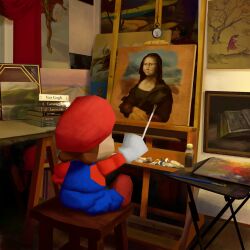  1boy absurdres blue_overalls book brown_hair brown_shoes clock full_body gloves hat highres indoors mario mona_lisa noubodying overalls paint_tube paintbrush painting_(action) painting_(object) red_hat shoes short_hair sitting stool super_mario_64 super_mario_bros. white_gloves 