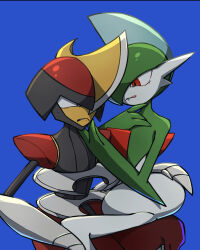  2others angry annoyed arm_blade bisharp blue_background colored_skin commentary_request cowboy_shot facing_another finger_to_own_chin gallade green_hair hand_on_another's_chin hand_on_another's_hip hand_on_own_chin heads_together helmet high_contrast highres licking_lips looking_at_another mohawk multicolored_skin multiple_others pokemon pokemon_(creature) pokemon_focus red_eyes ringringbell2001 rivalry shoulder_pads sitting sitting_on_person taunting thick_thighs thighs tongue tongue_out two-tone_skin weapon wide_hips 