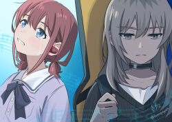  2girls black_choker black_sweater blue_eyes blue_shirt brown_hair choker commentary_request crying crying_with_eyes_open fantasy6gp677 girls_band_cry grey_eyes guitar_case highres instrument_case instrument_case_on_back iseri_nina kawaragi_momoka long_hair low_twintails multicolored_hair multiple_girls roots_(hair) school_uniform shirt short_hair short_twintails sweater tears twintails wireless_earphones 