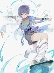  1boy absurdres armor attacking_viewer black_bow black_sandals black_shorts blue_cape blue_halo blue_kimono blue_sleeves blunt_ends blush body_markings bodysuit bow bridal_gauntlets cape covered_collarbone eyeliner feathers genshin_impact glowing_markings gold gold_ring gold_trim grey_bodysuit grey_bridal_gauntlets hair_between_eyes hakama hakama_shorts halo halo_behind_head highres japanese_armor japanese_clothes juban kimono kote kurokote laki_(tabbizx) layered_sleeves leg_warmers looking_at_viewer makeup male_focus mandarin_collar middle_ring open_clothes open_hands open_kimono open_mouth outstretched_arms pleated_shorts pom_pom_(clothes) purple_rope purple_sash red_eyeliner rope sandals sash scaramouche_(genshin_impact) short_sleeves shorts side_cape solo spread_arms stirrup_legwear tassel toeless_legwear tsurime violet_eyes vortex wanderer_(genshin_impact) white_background white_kimono white_leg_warmers white_mouth white_sleeves wide-eyed wind wolf_cut yellow_feathers zouri 