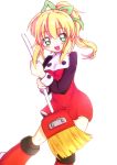  1girl :d blonde_hair blush boots broom buttons frills hair_ribbon long_hair long_sleeves open_mouth payot ponytail puffy_long_sleeves puffy_sleeves reeichi ribbon rockman rockman_(classic) roll smile solo 