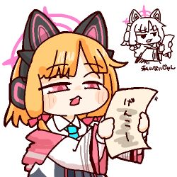  1girl animal_ear_headphones animal_ears black_bow blonde_hair blue_archive blue_necktie blush_stickers bow cat_ear_headphones cat_ears collared_shirt commentary_request doodle_inset fake_animal_ears half-closed_eyes halo headphones holding holding_paper jacket jacket_partially_removed looking_at_object lowres momoi_(blue_archive) necktie neneo_(ragnene1) open_mouth paper parted_bangs partial_commentary partially_open_jacket pink_eyes pink_halo raised_eyebrows shirt simple_background solo teeth translation_request upper_body upper_teeth_only white_background white_shirt wing_collar 