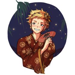  1girl alternate_costume blonde_hair commentary english_commentary fire_emblem fire_emblem_fates freckles hairband hand_fan highres holding holding_fan japanese_clothes jodefrostwallart kimono outside_border paper_fan red_eyes scarlet_(fire_emblem) short_hair smile solo uchiwa 