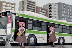  2girls absurdres bag black_eyes bow bowtie brown_dress brown_shoes building bus bus_stop_sign city closed_umbrella commentary doppelganger dress grey_sky highres mo_ma_shima motor_vehicle multiple_girls original outdoors overcast pantyhose pinafore_dress pink_bow pink_bowtie pink_hair shoes shoulder_bag sky sleeveless sleeveless_dress surprised twintails umbrella white_pantyhose yellow_bag 