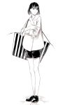  1girl bag black_hair coat crossed_arms handbag highres monochrome original sawasawa short_hair shorts solo 