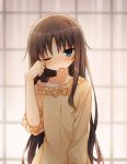  1girl blue_eyes blush brown_hair collarbone commentary_request fate/stay_night fate_(series) long_hair long_sleeves messy_hair nightgown one_eye_closed open_mouth rubbing_eyes shinoba solo toosaka_rin very_long_hair waking_up 