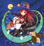  blue_eyes breasts broom broom_riding candy full_moon hat highres long_hair moon open_mouth original redhead smile witch_hat yuugiri 