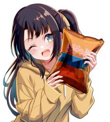  1girl airiillust2 alternate_costume bag blue_eyes blush brown_hair chips_(food) commentary_request food highres holding holding_bag hololive hood hoodie long_hair looking_at_viewer one_eye_closed oozora_subaru open_mouth potato_chips side_ponytail smile solo teeth upper_teeth_only virtual_youtuber white_background yellow_hoodie 