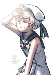  anchor_ornament black_neckerchief black_sailor_collar closed_eyes commentary dated dress flat_chest grey_hair hat highres kantai_collection neckerchief ron_(pixiv83091338) sailor_collar sailor_dress sailor_hat shading_eyes short_hair signature sleeveless sleeveless_dress twitter_username untranslatable_commentary white_dress white_hat z1_leberecht_maass_(kancolle) z1_leberecht_maass_(summer_dress)_(kancolle) 