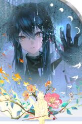  2girls against_glass animal_ears arknights black_gloves black_hair black_shirt branch chinese_commentary closed_mouth coat collared_shirt commentary_request condensation crossed_legs dog_tags dual_persona flower gloves grey_flower hair_between_eyes hand_on_glass happy_birthday highres koroy long_hair looking_at_viewer moon_phases multiple_girls necktie off_shoulder official_alternate_costume on_branch own_hands_together parted_lips pink_flower shirt shorts sitting sitting_on_branch sword texas_(arknights) texas_(willpower)_(arknights) texas_(winter_messenger)_(arknights) turtleneck turtleneck_shirt water_drop weapon wolf_ears wolf_girl yellow_eyes yellow_flower 