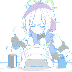  1girl absurdres black_gloves blue_archive blue_sailor_collar blue_shirt chopsticks closed_eyes combat_helmet commentary_request cup gloves green_halo halo helmet highres holding holding_chopsticks improvised_instrument instrument long_sleeves musical_note playing_instrument purple_hair sailor_collar saki_(blue_archive) shirt short_hair simple_background solo table unworn_headwear unworn_helmet upper_body white_background white_sleeves woza 