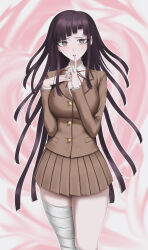  1girl abstract_background absurdres bandaged_leg bandages blush breasts brown_jacket brown_skirt buttons collared_shirt commentary_request cowboy_shot danganronpa_(series) danganronpa_3_(anime) eyelashes finger_to_mouth highres hope's_peak_academy_school_uniform index_finger_raised jacket koha_2652 long_hair long_sleeves mole mole_under_eye neck_ribbon purple_hair red_ribbon ribbon school_uniform shirt skirt solo tsumiki_mikan variant_set very_long_hair violet_eyes white_shirt 
