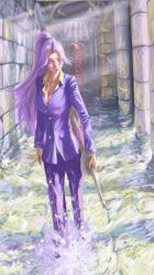  1girl closed_mouth highres holding holding_sword holding_weapon horns jacket long_hair maelia_juvi ponytail purple_hair purple_jacket shion_(tensura) single_horn solo sword tensei_shitara_slime_datta_ken violet_eyes weapon 