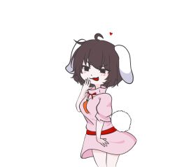  1girl ahoge animal_ears black_eyes blush breasts brown_hair carrot_necklace commentary_request cowboy_shot cuteslime dress floppy_ears heart inaba_tewi jewelry medium_breasts necklace open_mouth pink_dress rabbit_ears rabbit_girl rabbit_tail red_sash sash short_hair short_sleeves simple_background smile smug solo tail textless_version touhou white_background 