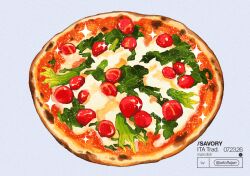  cheese cherry_tomato dated fajar_kurniawan food food_focus grey_background highres original pizza simple_background still_life tomato twitter_username watermark zucchini_(vegetable) 
