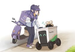  1girl alternate_costume blunt_bangs cecilia_immergreen delivery_robot drone gloves grey_pants highres hololive hololive_english insulated_delivery_bag jhgardener mole mole_under_eye motor_vehicle multicolored_hair musical_note ninomae_ina'nis objectification orange_hair pants pavement pointy_ears purple_hair scooter simple_background spoken_musical_note tentacle_hair unmanned_ground_vehicle virtual_youtuber white_background winding_key 