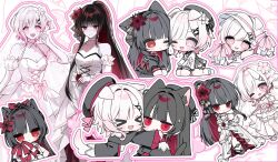  2girls absurdres animal_ears bare_shoulders beret black_hair black_hat black_shirt cat_ears cheerleader chibi closed_mouth collared_shirt commentary_request crown dog_ears flower gradient_hair hair_flower hair_ornament hat highres holding holding_pom_poms korean_commentary long_hair long_sleeves looking_at_viewer mahou_shoujo_no_majo_saiban multicolored_hair multiple_girls multiple_views necktie nikaido_hiro open_mouth pink_eyes pink_hair pom_pom_(cheerleading) ponytail red_eyes red_flower red_necktie ribbon rita_for sakuraba_ema shirt short_hair simple_background smile tail white_flower white_hair white_shirt x_hair_ornament 