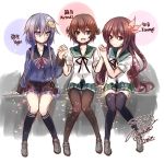  3girls :d brown_eyes brown_hair character_name commentary dated hair_ornament holding_hands kantai_collection kisaragi_(kantai_collection) kneehighs long_hair multiple_girls mutsuki_(kantai_collection) open_mouth pantyhose pleated_skirt purple_hair school_uniform serafuku shoes short_hair signature skirt smile thigh-highs violet_eyes yayoi_(kantai_collection) yuihira_asu 