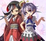  2girls black_hair bowl commentary_request cosplay costume_switch hat horns japanese_clothes kijin_seija kimono long_sleeves miracle_mallet multicolored_hair multiple_girls neckerchief needle obi print_dress puffy_short_sleeves puffy_sleeves purple_hair red_eyes sash shope short_sleeves smile streaked_hair sukuna_shinmyoumaru tongue tongue_out touhou uneven_eyes violet_eyes wide_sleeves 