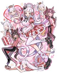  3girls absurdres animal_ears apron black_bow black_hair black_pants black_shoes blunt_bangs blush bow breasts brown_eyes brown_hair brown_hat closed_mouth collared_shirt colonel_sanders commentary_request cosplay dress ear_bow ear_covers employee_uniform facial_hair fake_goatee fast_food_uniform glasses gold_ship_(umamusume) grey_hair hair_between_eyes hair_ornament hat heart highres holding holding_tray horse_ears horse_girl horse_tail jacket kfc kumo_(mokumoku_warabi) large_breasts long_hair looking_at_viewer loose_socks lucky_lilac_(umamusume) medium_breasts multicolored_hair multiple_girls mustache official_alternate_costume one_eye_closed open_mouth pants pillbox_hat ponytail red_apron red_dress red_shirt red_vest shirt shoes side_ponytail single_thighhigh small_breasts smile socks star_(symbol) stay_gold_(umamusume) streaked_hair striped_clothes striped_dress striped_shirt tail thigh-highs tray umamusume vertical-striped_clothes vertical-striped_dress vertical-striped_shirt vest violet_eyes white_apron white_hair white_headdress white_jacket white_shirt white_socks white_thighhighs 