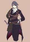  1girl armor belt cosplay eyepatch formal gloves hand_on_hip hisaki_(morenabe) kantai_collection necktie purple_hair shokudaikiri_mitsutada_(touken_ranbu) short_hair shoulder_pads suit sword tenryuu_(kantai_collection) touken_ranbu uniform weapon yellow_eyes 