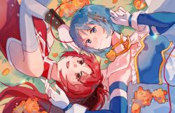 2girls blue_eyes blue_hair cape commentary detached_sleeves dress flower fortissimo gloves grass hair_ornament hair_ribbon highres looking_at_another lying magical_girl mahou_shoujo_madoka_magica mahou_shoujo_madoka_magica_(anime) mahou_shoujo_madoka_magica_movie_1_&amp;_2 miki_sayaka miki_sayaka_(magical_girl) multiple_girls musical_note musical_note_hair_ornament on_back open_mouth ponytail red_eyes red_hair ribbon sakura_kyoko sakura_kyoko_(magical_girl) short_hair sleeveless sleeveless_dress string string_of_fate untranslatable_commentary white_cape white_gloves yuri ziyin