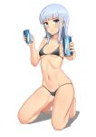  1girl absurdres bangs barefoot bikini black_bikini blue_eyes blue_hair blunt_bangs can collarbone foreshortening full_body hatsukaze_(kantai_collection) highres kantai_collection kneeling looking_at_viewer navel shadow simple_background soda_can solo soushou_nin swimsuit white_background 