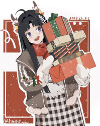  1girl ahoge animal_ears awa_subaru black_hair brown_jacket chiwucha commentary_request dated fake_animal_ears gift girls_band_cry hair_ribbon highres jacket long_hair mittens open_clothes open_jacket open_mouth ribbon solo violet_eyes white_mittens white_ribbon 