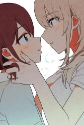  2girls absurdres blue_eyes blue_sweater blush earclip eye_contact girls_band_cry grey_eyes grey_hair habsida_(habsida_hpy) hand_in_another's_hair highres iseri_nina kawaragi_momoka long_hair looking_at_another multicolored_hair multiple_girls red_hair roots_(hair) shirt short_twintails simple_background sweater twintails white_background white_shirt yuri 