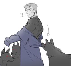  1boy ? animal animal_ears biceps black_coat black_fur coat confused dog dog_ears grey_hair highres hmfd3727 looking_at_another looking_back looking_down male_focus muscular muscular_male nrvnqsr_chaos pale_skin red_eyes short_hair smile toned toned_male trench_coat tsukihime undressing vampire veiny_face 