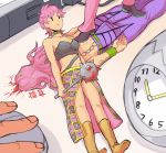  1boy 1girl blood blood_writing clock diavolo jojo_no_kimyou_na_bouken mace miyasemao pink_hair short_hair trish_una weapon 