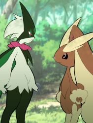  2girls :3 absurdres animal_ears animal_nose arms_at_sides black_sclera blurry blurry_background body_fur brown_fur cat_girl catmito1412 closed_mouth colored_sclera commentary_request dappled_sunlight eye_contact flat_chest forest from_side furry furry_female green_background green_fur green_hair groin height_difference highres looking_at_another looking_down looking_up lopunny meowscarada multiple_girls nature outdoors partial_commentary pink_eyes pokemon pokemon_(creature) rabbit_ears rabbit_girl rabbit_tail red_eyes short_hair short_tail standing sunlight tail two-tone_fur yellow_fur 