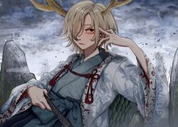  1girl adapted_costume antlers blonde_hair chinese_clothes chinese_commentary commentary_request dragon_tail floral_print folded_fan folding_fan green_scales green_tail hair_over_one_eye hand_fan hand_on_own_head highres holding holding_fan horns kicchou_yachie mountain outdoors red_nails scales short_hair solo tail touhou turtle_shell wide_sleeves wind yellow_horns yukine_0930 