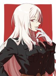  1girl artist_name black_jacket border breasts commentary gloves hand_to_own_mouth jacket large_breasts long_hair looking_at_viewer military_jacket military_uniform open_mouth outside_border red_background red_eyes simple_background solo surume112223 tensei_shitara_slime_datta_ken testarossa_(tensura) white_border white_gloves white_hair 