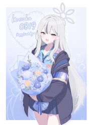  1girl armband birthday blue_archive blue_background blue_necktie blue_shirt blue_skirt border bouquet commentary_request cowboy_shot dated doodle_inset doodle_sensei_(blue_archive) english_text floral_print floral_print_shirt flower grey_eyes grey_hair grey_halo halo happy_birthday hawaiian_shirt highres holding holding_bouquet konoka_(blue_archive) long_hair long_sleeves looking_at_viewer loose_necktie mask mask_pull miniskirt mouth_mask necktie open_collar open_mouth outside_border print_shirt purple_armband purple_flower salvia sensei_(blue_archive) shirt simple_background skirt smile solo surgical_mask very_long_hair white_border white_mask yellow_flower 